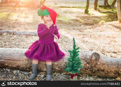 Cute Mixed Race Young Baby Girl Having Fun With Christmas Hat and Tree Outdoors.