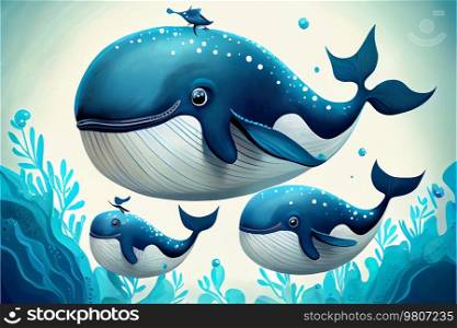 Cute mother whale with cubs in the ocean. Paper art illustration. Illustration AI Generative