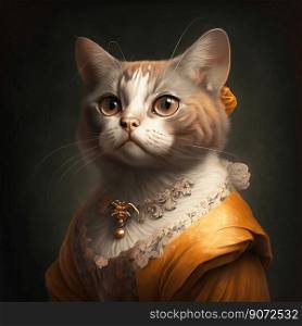 Cute orange cat dressed in a classic dress, adding a touch of elegance and charm to its already adorable appearance, generative AI
