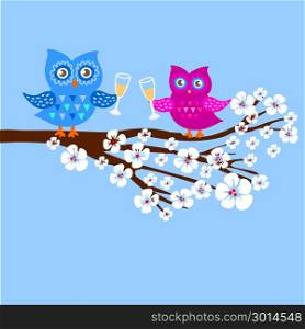 Cute owls on branch in flowers. Cute owls with champagne glasses on branch of sakura flowers. Spring concept background. Bright illustration, can be used as invitation card. Vector summer wallpaper