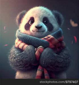 Cute Panda Wearing a Knitted Scarf. Generative AI