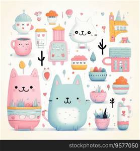 cute pastel elements graphic sticker collection in kawaii style.