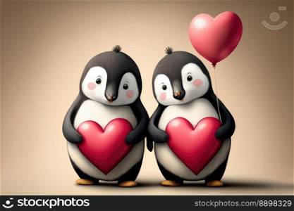 Cute penguins holding a heart, selective focus. Valentine’s Day card. Generative AI