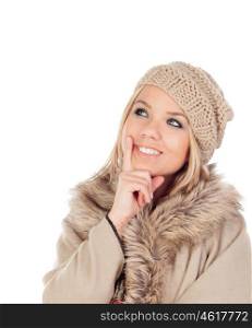 Cute Pensive Girl with coats winter clothes isolated on a white background