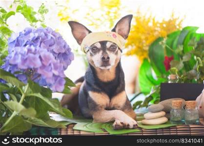 Cute pet relaxing in spa wellness . Dog in a turban of a towel among the spa care items and plants. Funny concept grooming, washing and caring for  animals. Dog grooming concept