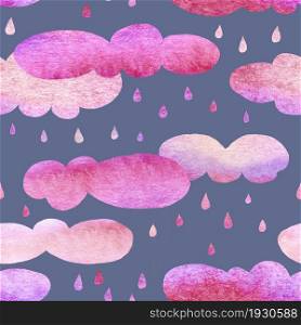 Cute pink clouds and drops of rain. Seamless pattern. Watercolor illustration. Design for wallpaper, fabric.