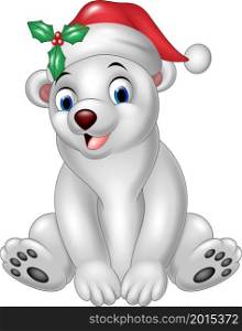 Cute polar bear in santa hat sitting