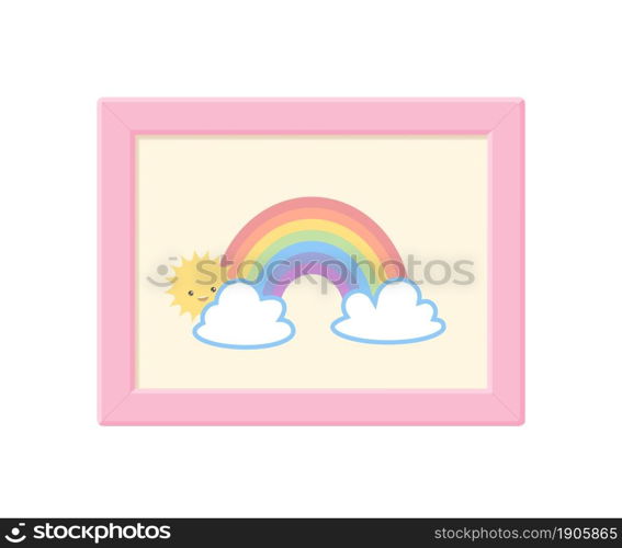 Cute poster with rainbow for nursery isolated on white background. Cartoon flat style. Vector illustration