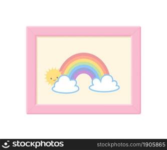 Cute poster with rainbow for nursery isolated on white background. Cartoon flat style. Vector illustration