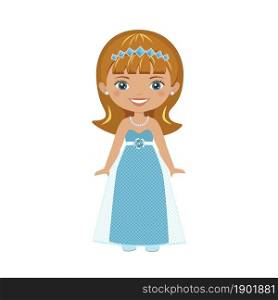 Cute princess in beautiful dress isolated on white background. Flat cartoon style. Vector illustration