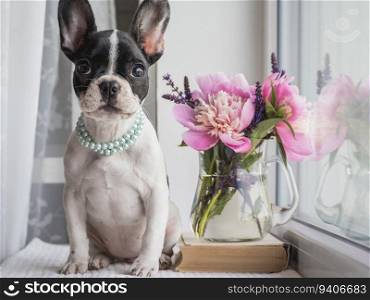 Cute puppy and a bouquet of bright flowers on the windowsill in the rays of sunlight. Studio shot. Clear, sunny day. Close-up, indoors. Day light. Concept of care and training pets. Cute puppy and a bright bouquet of flowers