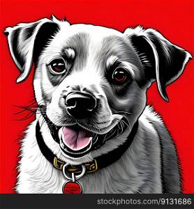 Cute puppy dog on the red background. Pop art style. Generative AI
