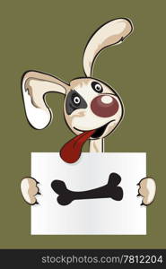 "Cute puppy in cartoon style holding a sign saying : "Give me a bone!""