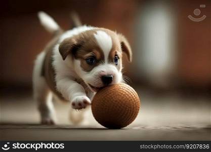 cute puppy is playing with ball, rolling it around and chasing after it, created with generative ai. cute puppy is playing with ball, rolling it around and chasing after it
