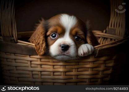 cute puppy is sitting in basket, with its head peeking out, created with generative ai. cute puppy is sitting in basket, with its head peeking out