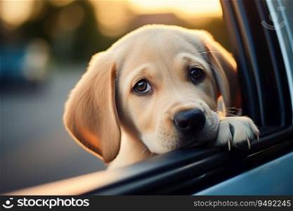 Cute puppy peeking through the car. Labrador retriever. Vacation travel.. Cute puppy peeking through the car. Vacation travel.