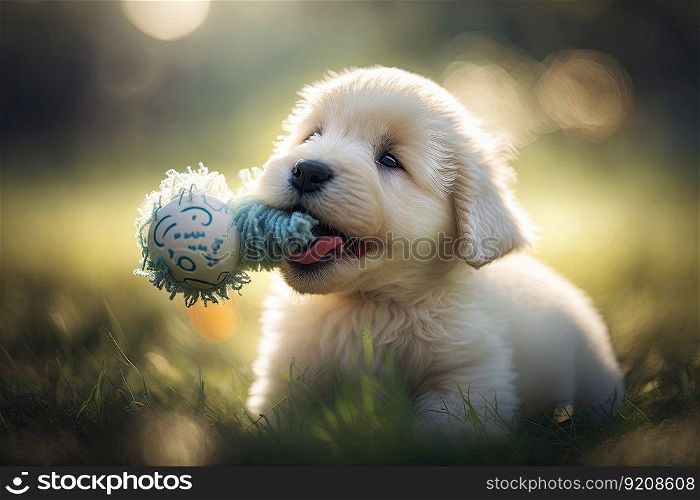 cute puppy playing with squeaky toy in park, created with generative ai. cute puppy playing with squeaky toy in park