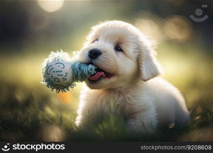 cute puppy playing with squeaky toy in park, created with generative ai. cute puppy playing with squeaky toy in park