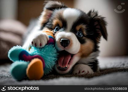 cute puppy playing with toy, having fun and showing its playful side, created with generative ai. cute puppy playing with toy, having fun and showing its playful side