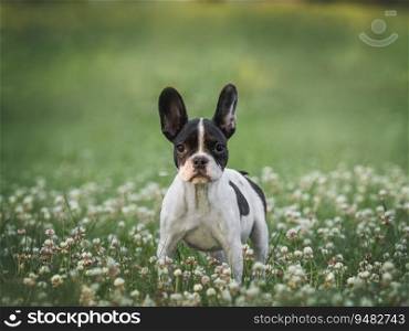 Cute puppy walks in a meadow on green grass. Close-up, outdoor. Day light. Concept of care, education, obedience training and raising pets. Cute puppy walks in a meadow on green grass
