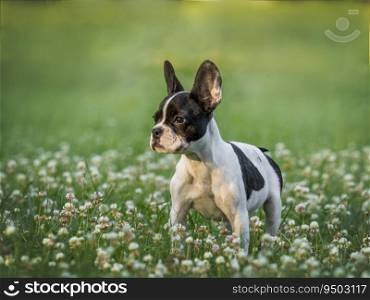 Cute puppy walks in a meadow on green grass. Close-up, outdoor. Day light. Concept of care, education, obedience training and raising pets. Cute puppy walks in a meadow on green grass