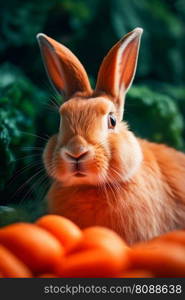 Cute Rabbit Sitting on Carrot Background. Generative ai. High quality illustration. Cute Rabbit Sitting on Carrot Background. Generative ai