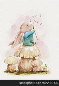 Cute Rabbit sitting on mushroom blowing dandelion flower water colour hand paint,illustration Cartoon hand drawn bunny character for Easter greeting card, Spring, Summer poster background