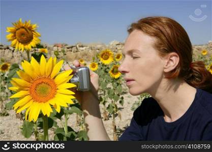 Cute redhead woman photographer taking a picture in nature sunflower field