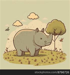 Cute rhino drawing with clear clouds logo 3d illustrated