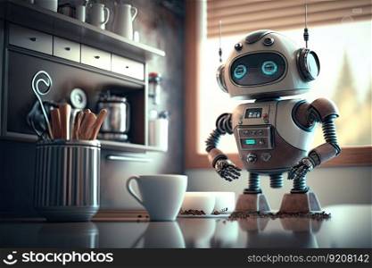 cute robot assistant, busy preparing morning coffee, with view of futuristic kitchen, created with generative ai. cute robot assistant, busy preparing morning coffee, with view of futuristic kitchen