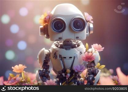 Cute robot girl with flowers. Game plant love. Ge≠rate AI. Cute robot girl with flowers. Ge≠rate AI
