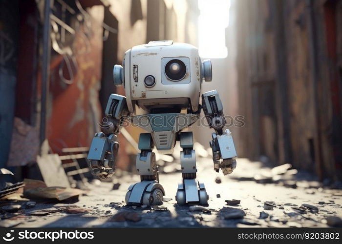 Cute robot walking ruin city. Sky scene. Generate Ai. Cute robot walking ruin city. Generate Ai
