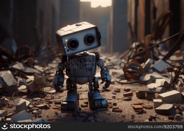 Cute robot walking ruined wall. Landscape scene. Generate Ai. Cute robot walking ruined wall. Generate Ai