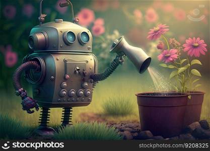 cute robot watering flowers with watering can in garden, created with generative ai. cute robot watering flowers with watering can in garden