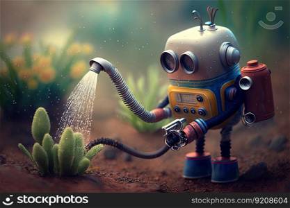 cute robot watering garden with hose, bringing life and color to the scene, created with generative ai. cute robot watering garden with hose, bringing life and color to the scene