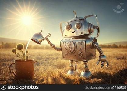 cute robot watering garden with watering can, while the sun shines in the sky, created with generative ai. cute robot watering garden with watering can, while the sun shines in the sky