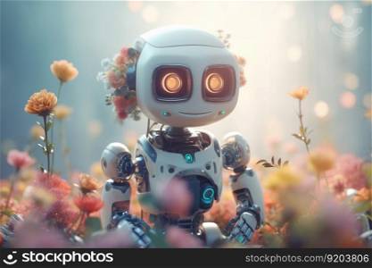 Cute robot with flowers. Digital science. Generate AI. Cute robot with flowers. Generate AI