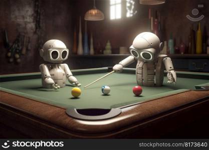 Cute robots play pool. Snooker table. Generate Ai. Cute robots play pool. Generate Ai