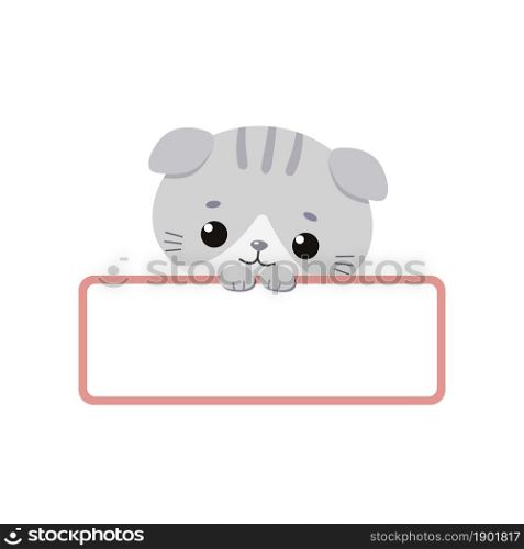 Cute sad kawaii cat holding blank card isolated on white background. Cartoon flat style. Vector illustration