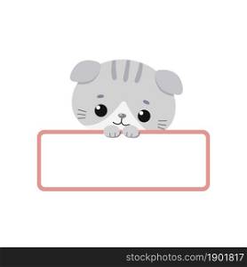 Cute sad kawaii cat holding blank card isolated on white background. Cartoon flat style. Vector illustration
