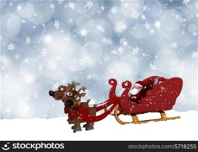 Cute Santa Claus and his reindeers on a snowflake background