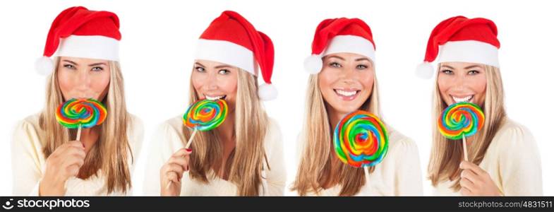 Cute Santa girl with big colorful lollipop isolated on white background, beautiful Christmas collage, celebrating winter holidays, collection of four different portraits&#xA;