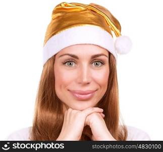 Cute Santa woman portrait, pretty female wearing golden shiny festive hat isolated on white background, Christmas party concept
