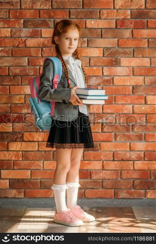 Cute schoolgirl with schoolbag holds books, brick wall on background. Adorable female pupil with backpack and books poses in the school. Cute schoolgirl with schoolbag holds textbooks