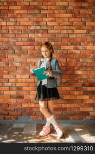 Cute schoolgirl with schoolbag reading a textbook, brick wall on background. Adorable female pupil with backpack and book poses in the school