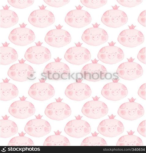 Cute seamless pattern with funny piglets princesses. Background with pink faces of piglets girls with a blush on the cheeks and a crown on the head.. Cute seamless pattern with funny piglets princesses.