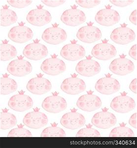Cute seamless pattern with funny piglets princesses. Background with pink faces of piglets girls with a blush on the cheeks and a crown on the head.. Cute seamless pattern with funny piglets princesses.