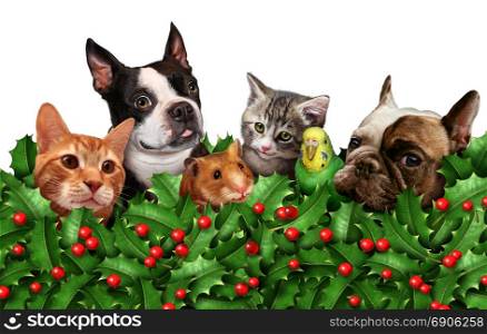 Cute seasonal holiday pet group horizontal background with red berries and holly leaves as a winter christmas classic decoration and new year celebration adorable animals ornament isolated with 3D illustration elements.