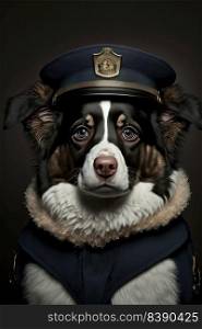 Cute serious dog dressed in police costume on a dark background. Generative AI