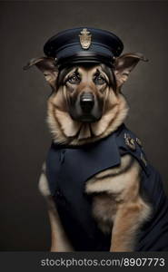 Cute serious dog dressed in police costume on a dark background. Generative AI